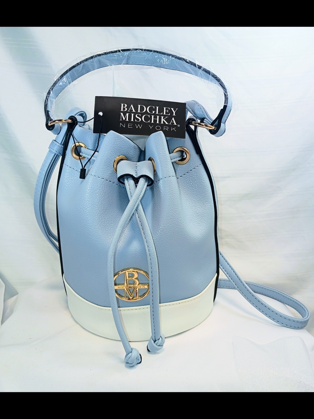 Badgley Mischka Bucket Bag Blue Crossbody Drawstring Vegan Leather Handbag Purse